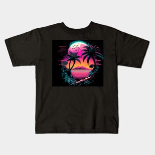 Retro sunset with palm trees and mysterious island Kids T-Shirt